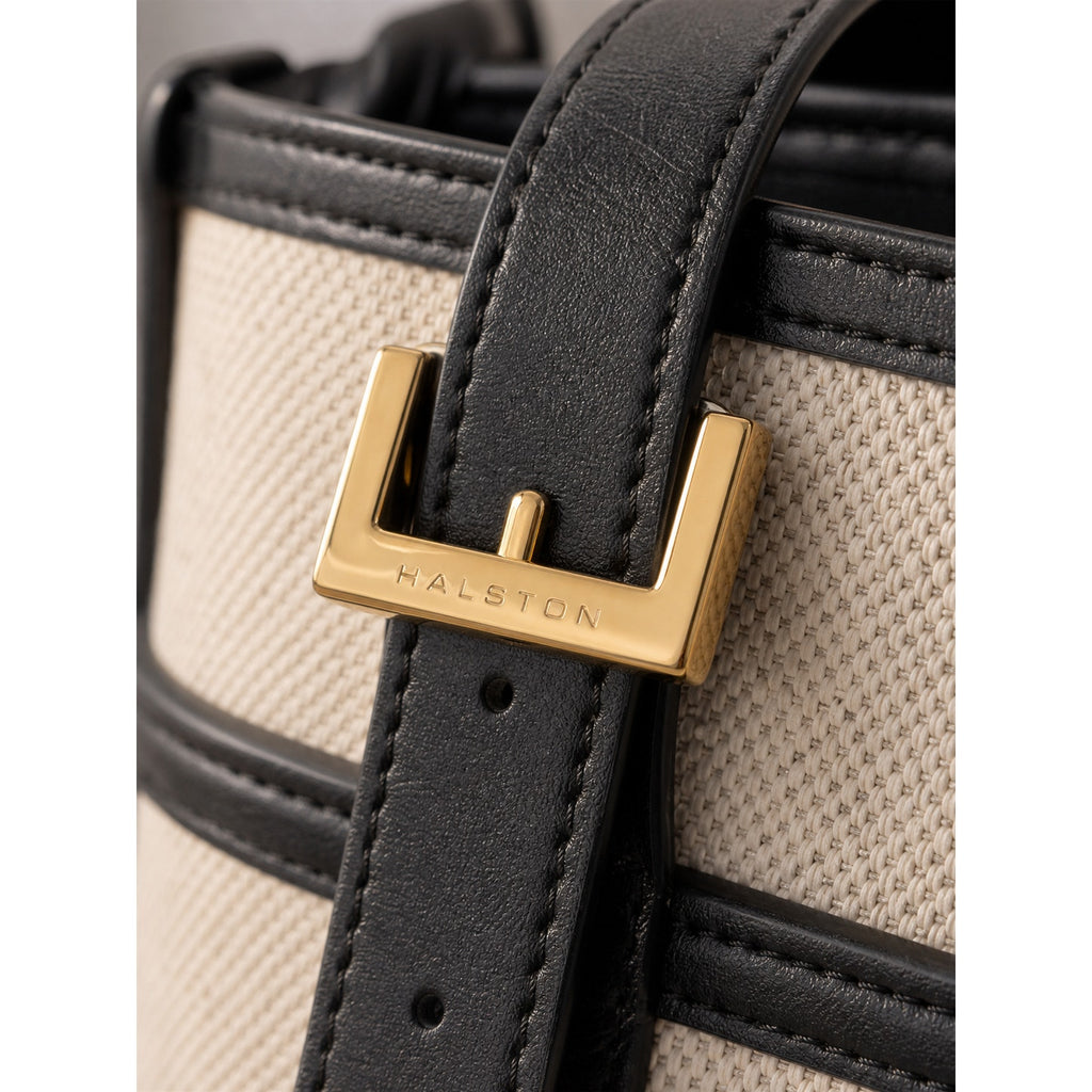 Halston Canvas Leather Trim Bucket Crossbody Bag Ivory Black Vintage