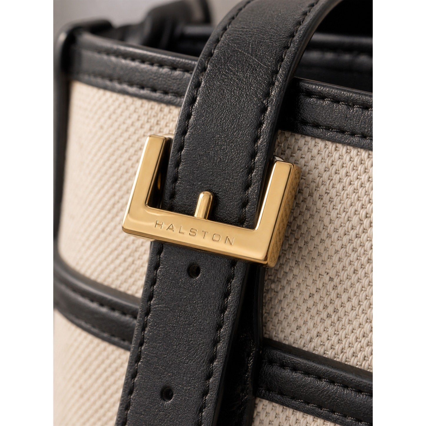 Halston Canvas Leather Trim Bucket Crossbody Bag Ivory Black Vintage