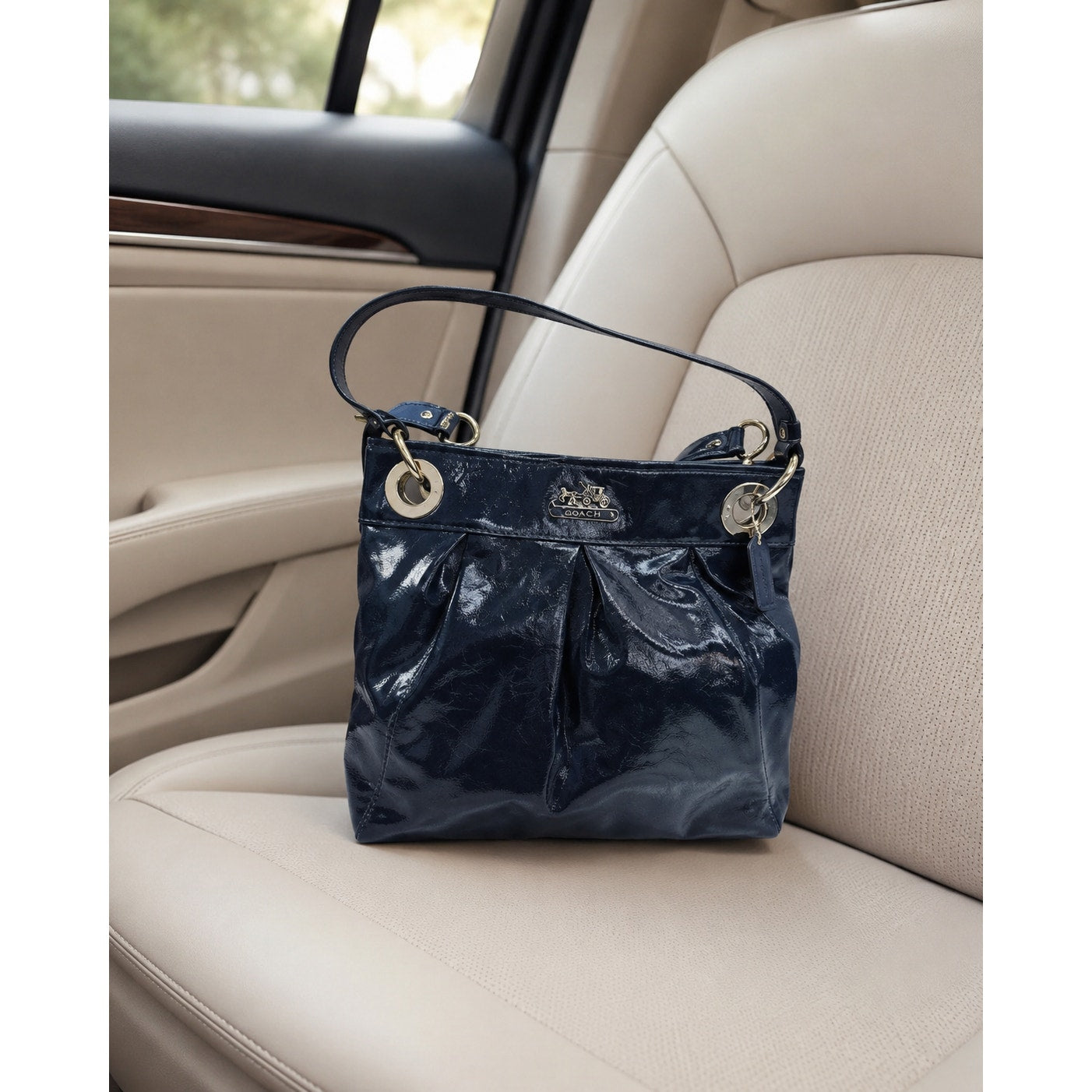 Coach Kristin Pleated Patent Leather Hobo Crossbody Shoulder Bag Blue