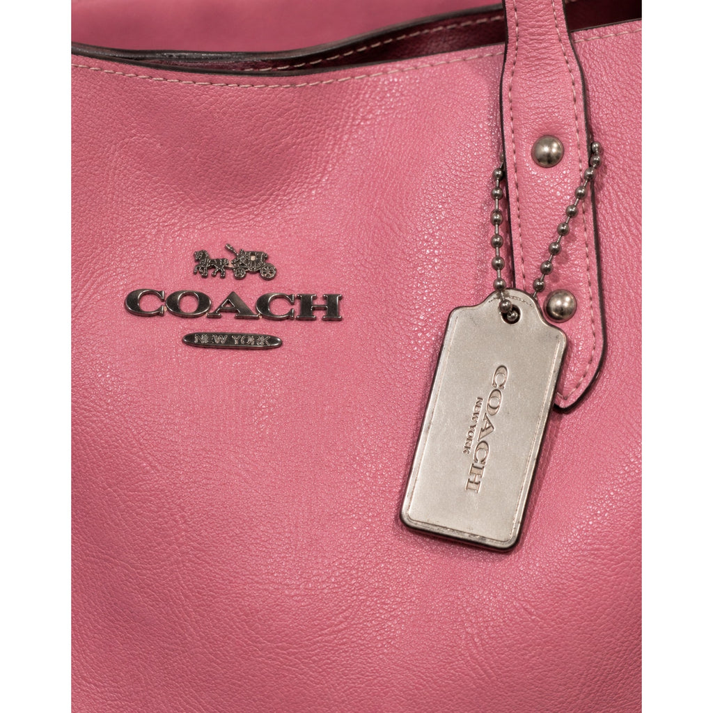 Coach Pebbled Leather Large Tote Bag Pink Striped Lining Silver Hardware