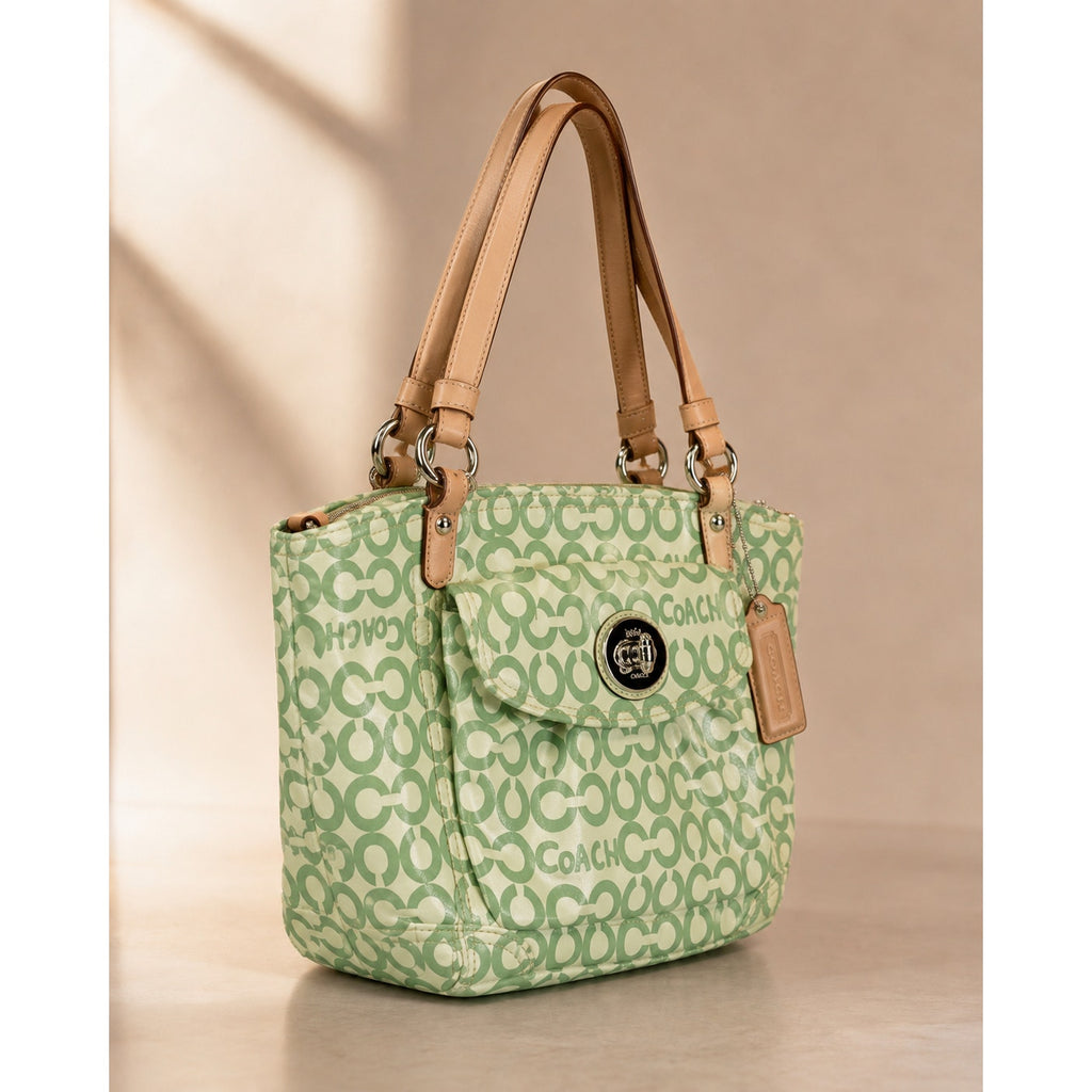 Coach Op Art Signature Coated Canvas Tote Green White Leather Trim
