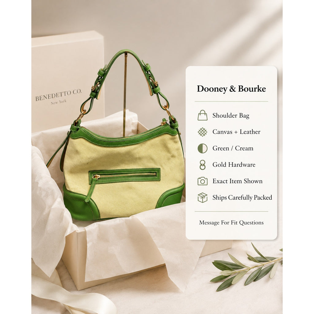 Dooney & Bourke Lucky Green Cream Canvas Leather Shoulder Bag