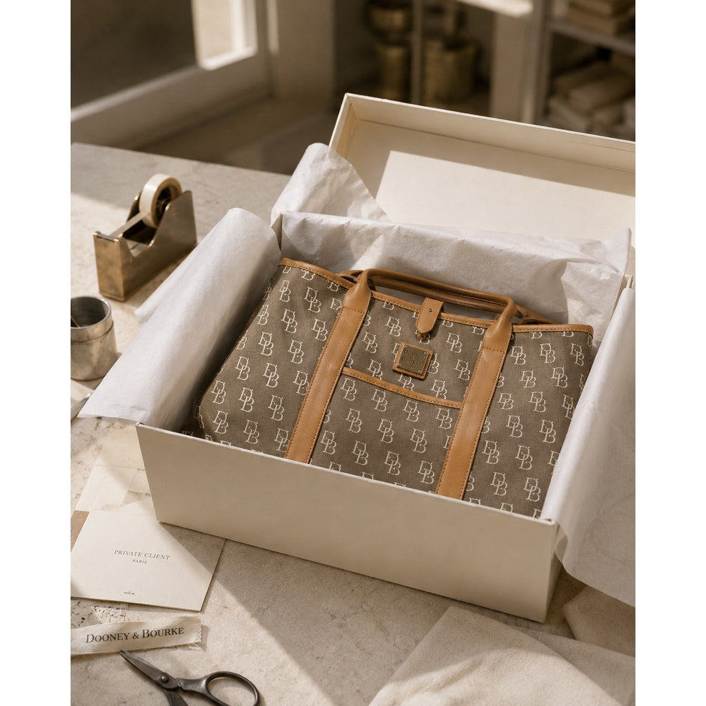 Dooney & Bourke DB Monogram Canvas Tote Bag Gray Brown Leather Trim