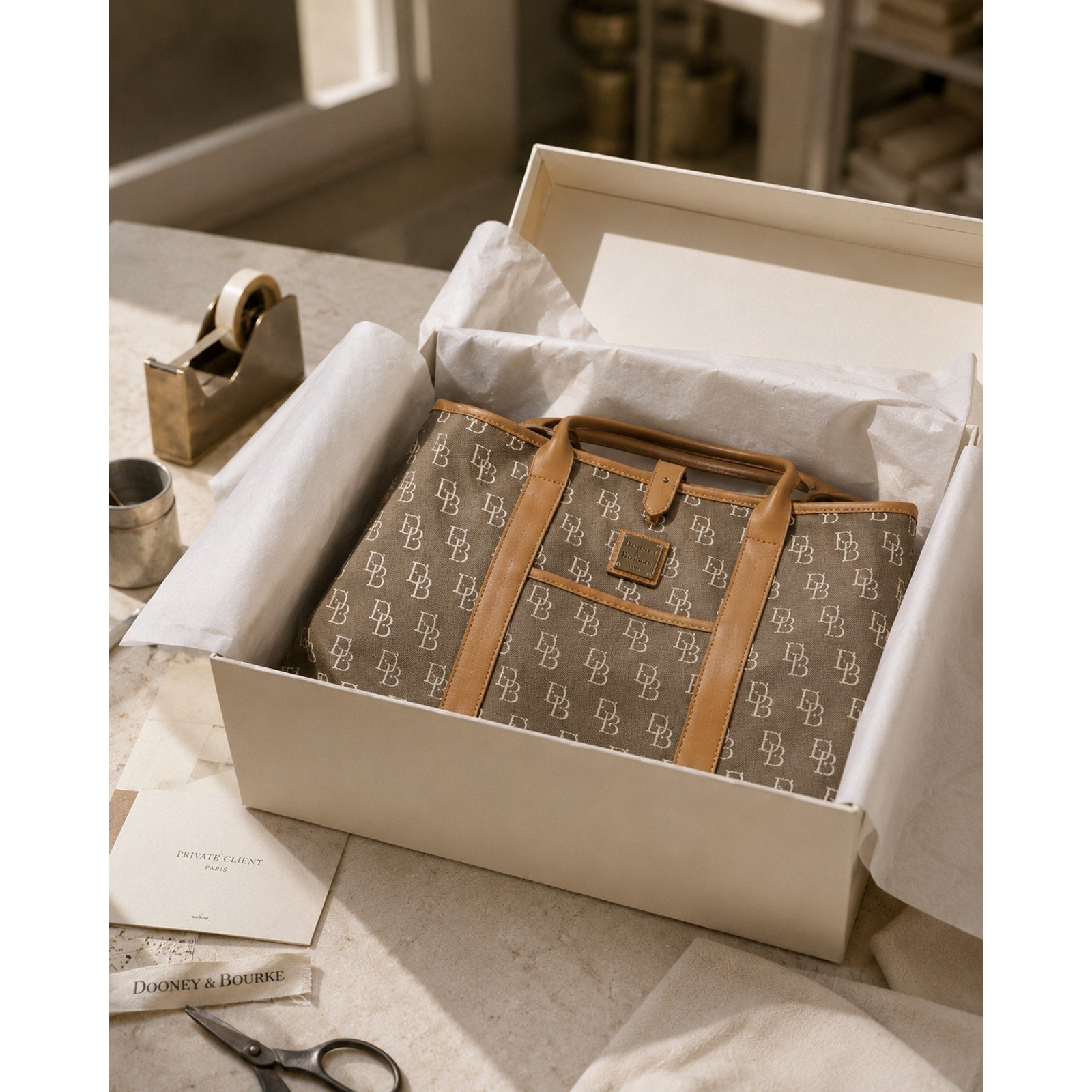 Dooney & Bourke DB Monogram Canvas Tote Bag Gray Brown Leather Trim