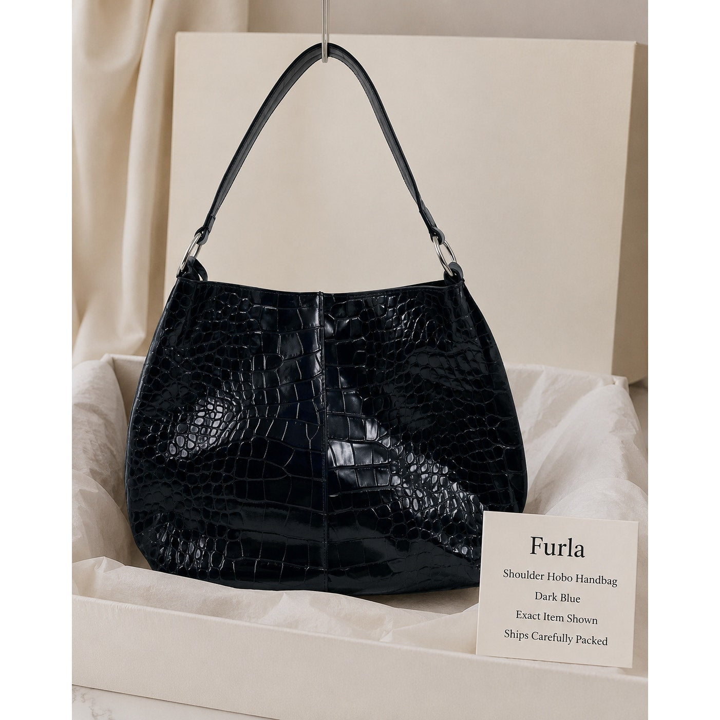 Furla Large Black Croc Embossed Patent Leather Hobo Shoulder Bag