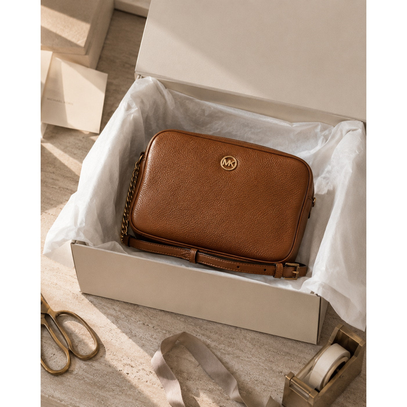 Michael Kors Brown Pebbled Leather Crossbody Bag Gold Chain