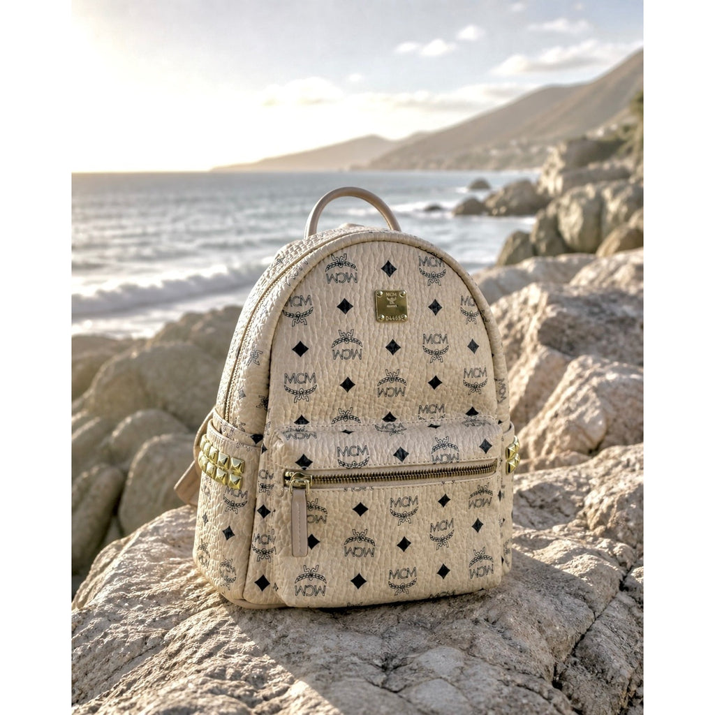 MCM Stark Side Studs Visetos Backpack Beige Leather Trim Small