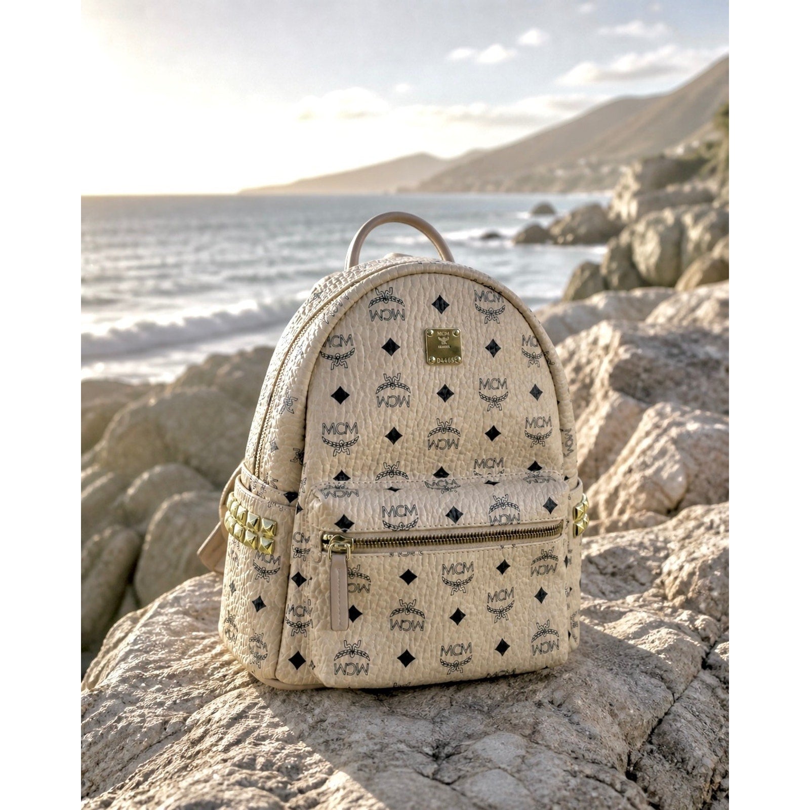 MCM Stark Side Studs Visetos Backpack Beige Leather Trim Small