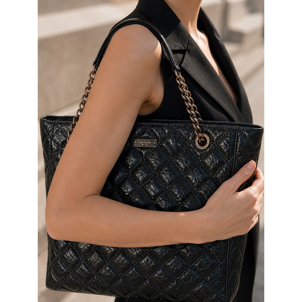 Kate Spade New York Black Quilted Leather Chain Tote Bag