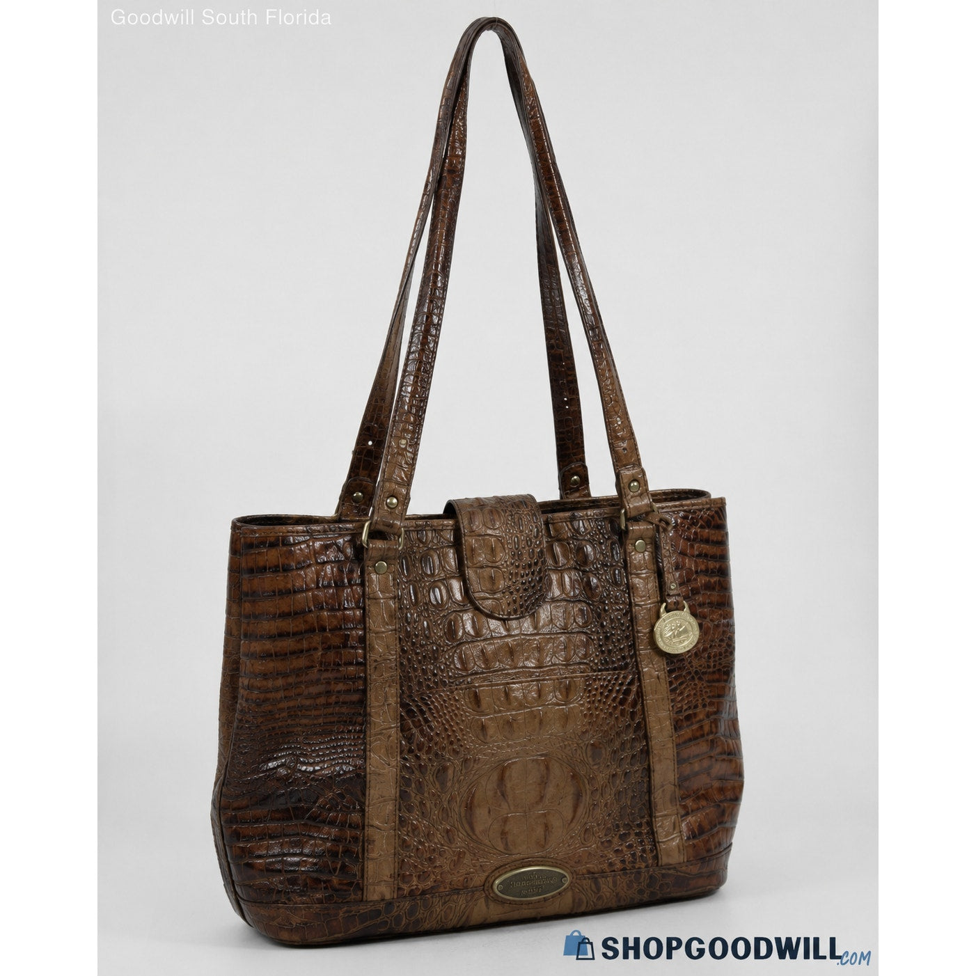 Brahmin Brown Croc Embossed Leather Large Shoulder Tote Gold Hardware