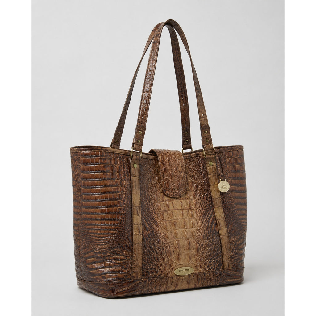 Brahmin Brown Croc Embossed Leather Large Shoulder Tote Gold Hardware