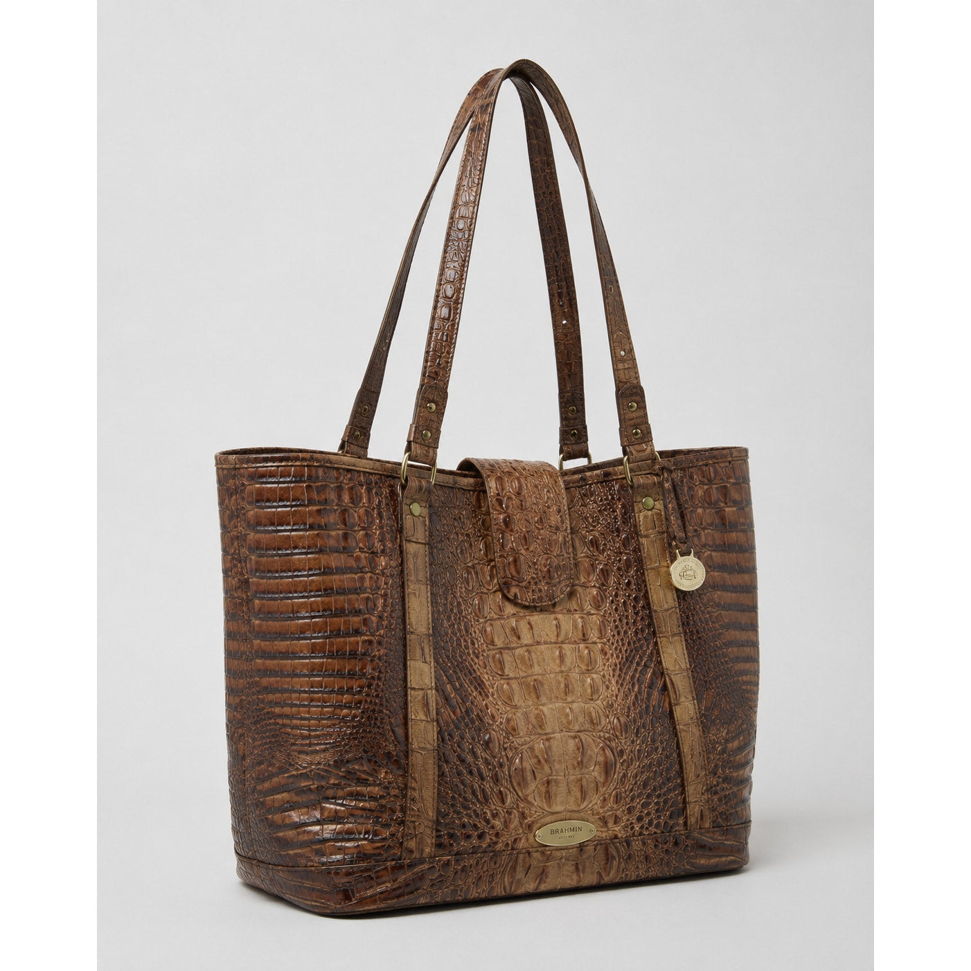 Brahmin Brown Croc Embossed Leather Large Shoulder Tote Gold Hardware