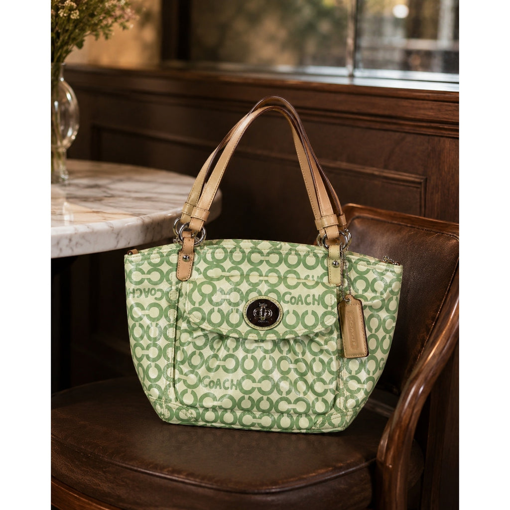 Coach Op Art Signature Coated Canvas Tote Green White Leather Trim