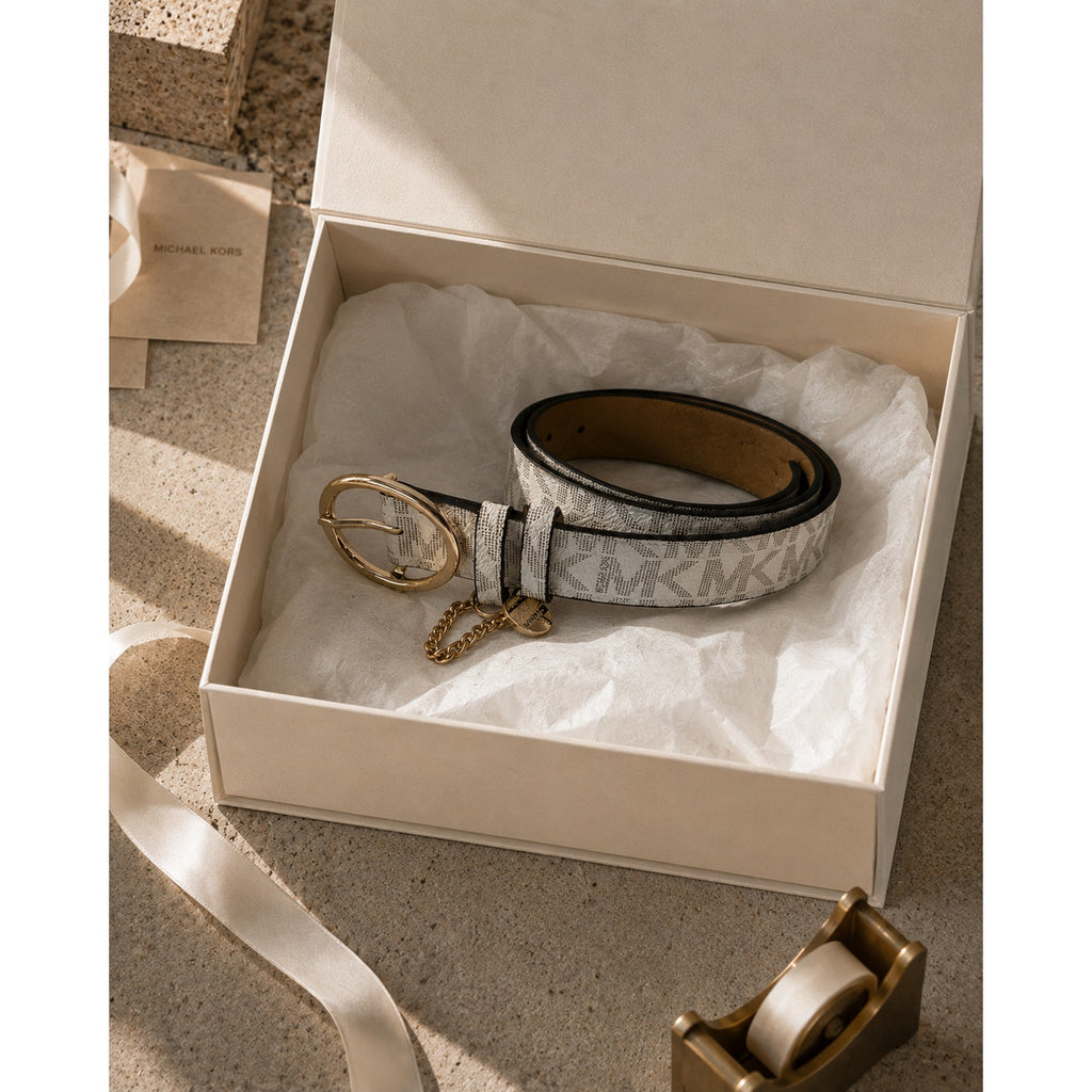 Michael Kors MK Logo Belt Coated Canvas Vanilla Gold Charm Women M