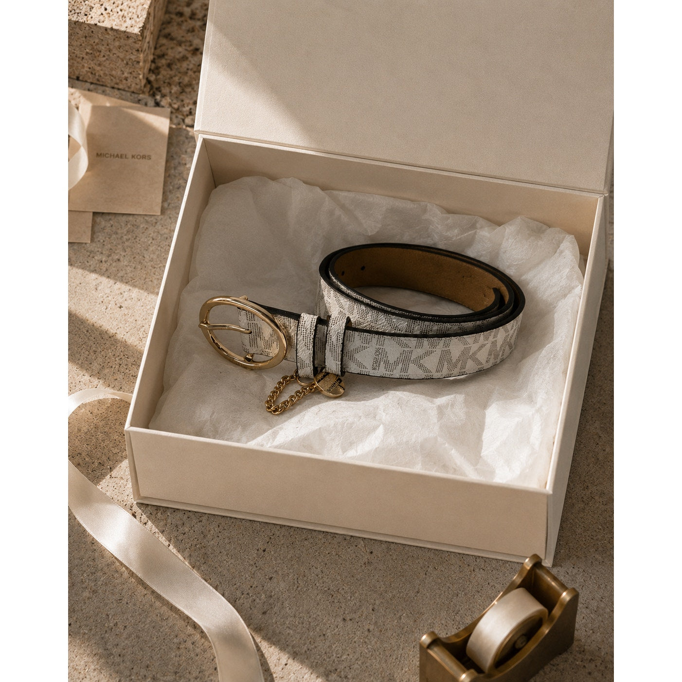 Michael Kors MK Logo Belt Coated Canvas Vanilla Gold Charm Women M