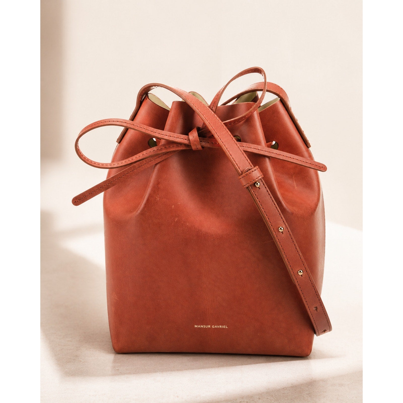 Mansur Gavriel Leather Bucket Bag Brown Drawstring Crossbody