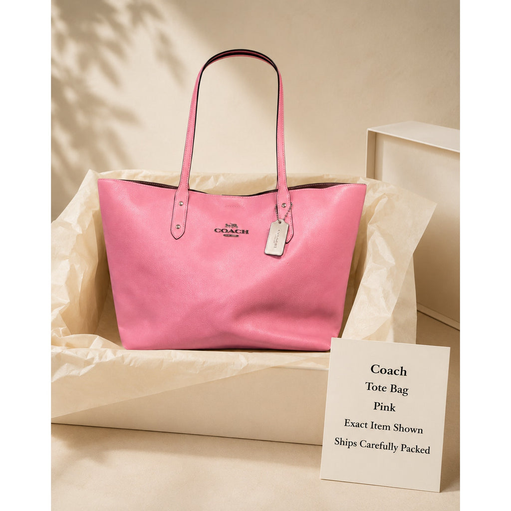 Coach Pebbled Leather Large Tote Bag Pink Striped Lining Silver Hardware