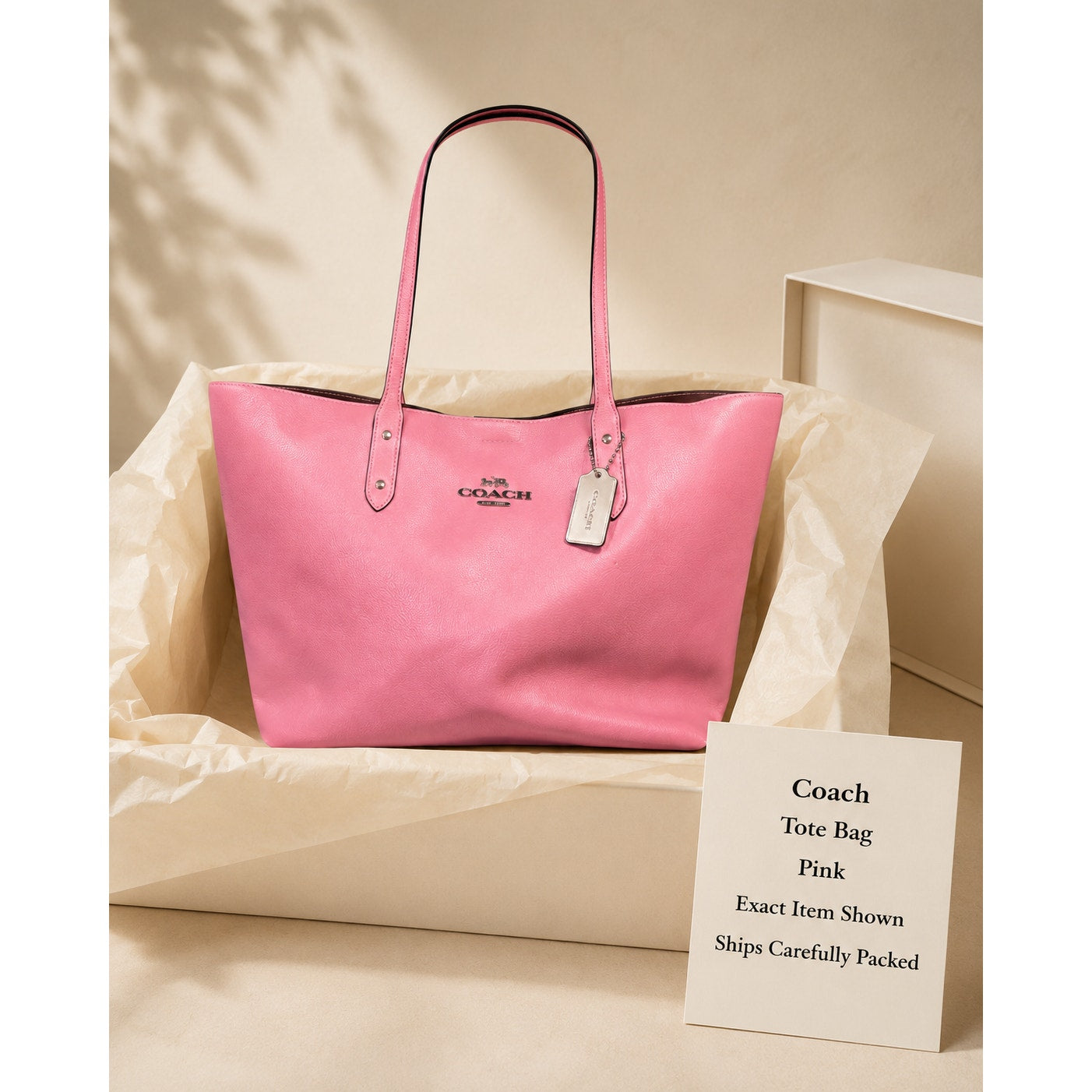 Coach Pebbled Leather Large Tote Bag Pink Striped Lining Silver Hardware