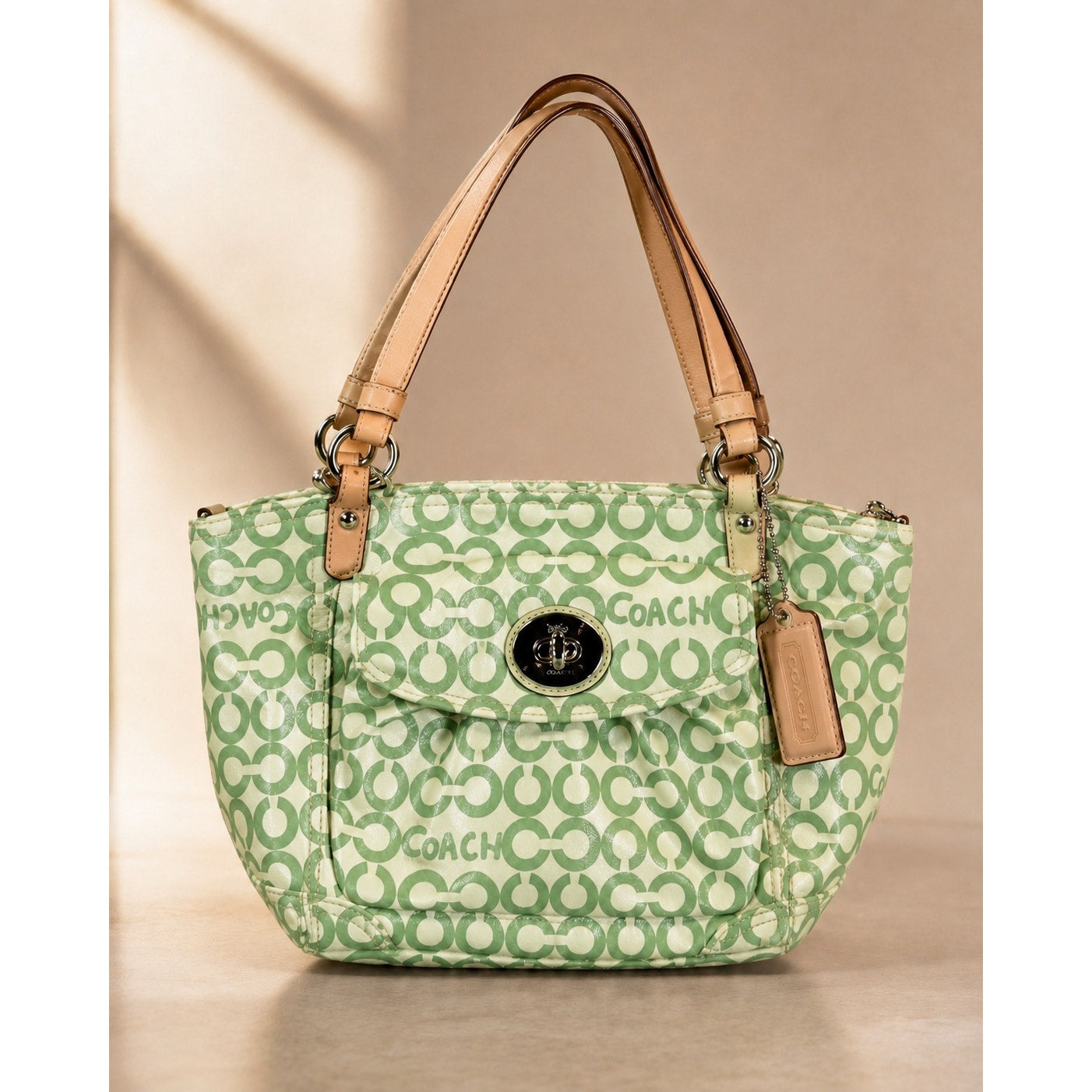 Coach Op Art Signature Coated Canvas Tote Green White Leather Trim