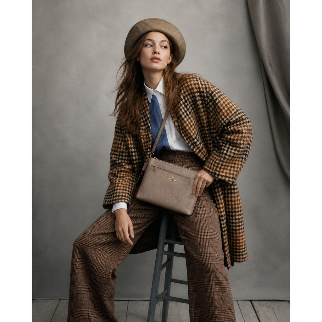 Coach Journal Crossbody Taupe Pebbled Leather Beige Gold Bag