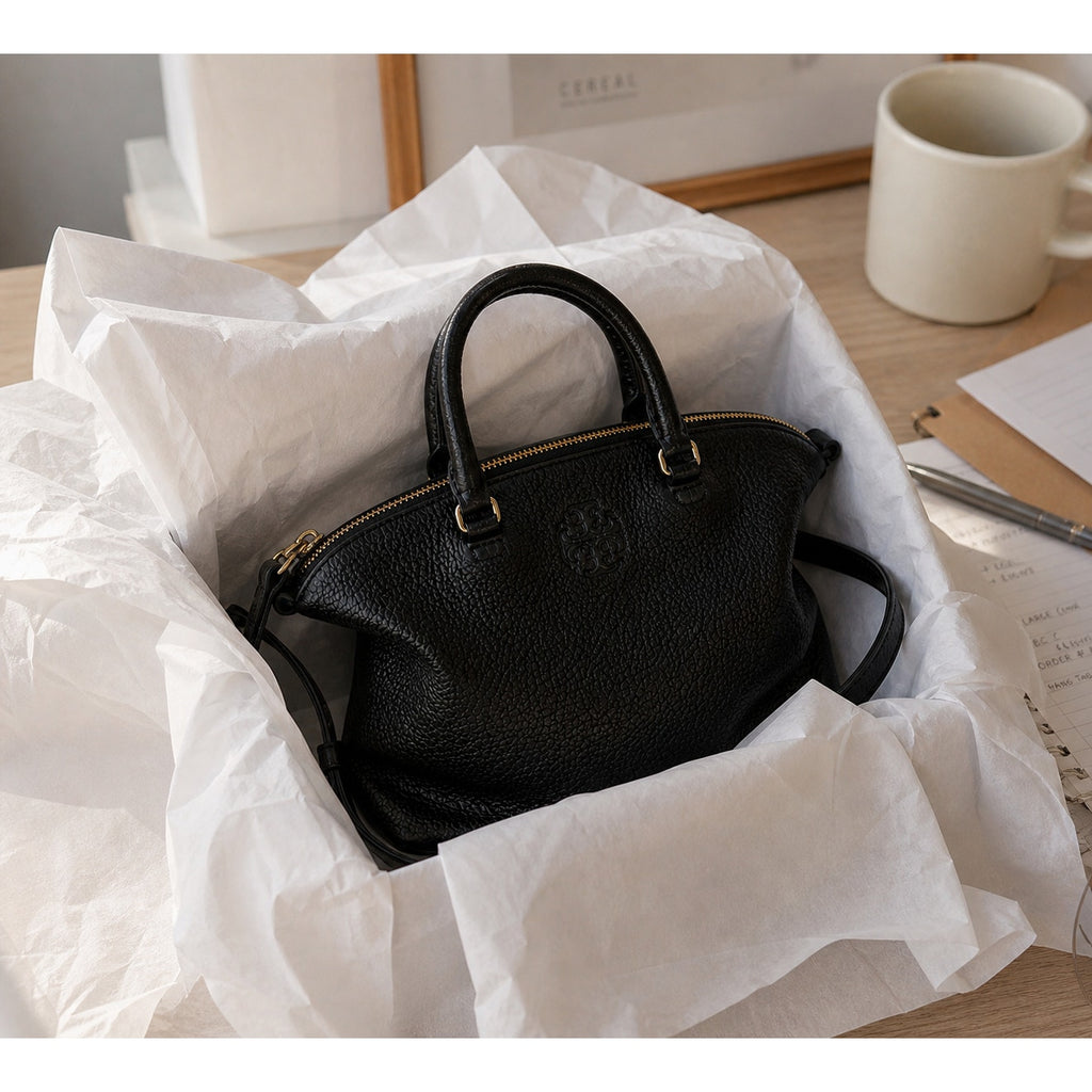 Tory Burch Robinson Satchel Pebbled Leather Black Crossbody Bag