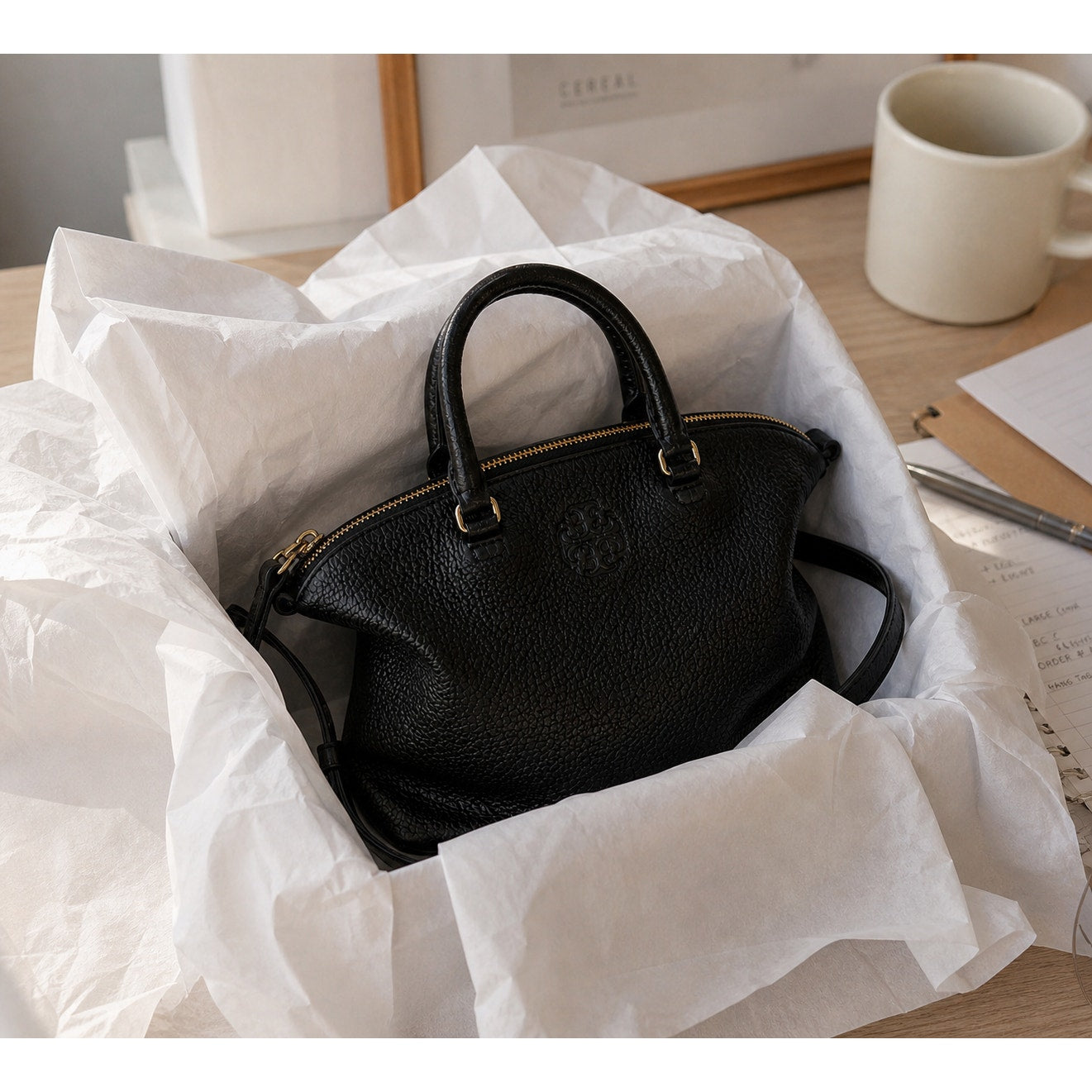 Tory Burch Robinson Satchel Pebbled Leather Black Crossbody Bag