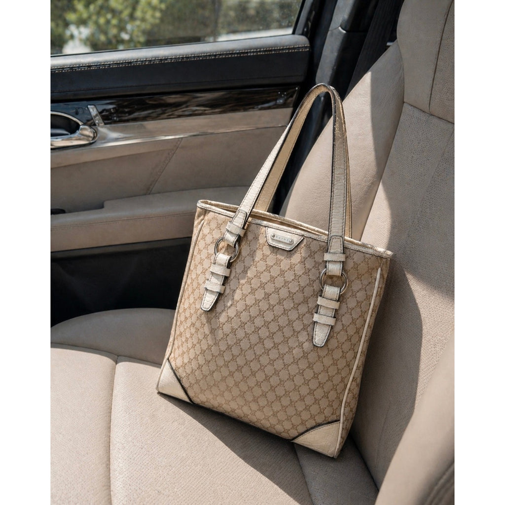 Celine Vintage Canvas Top Handle Tote Bag Brown Tan Logo Print