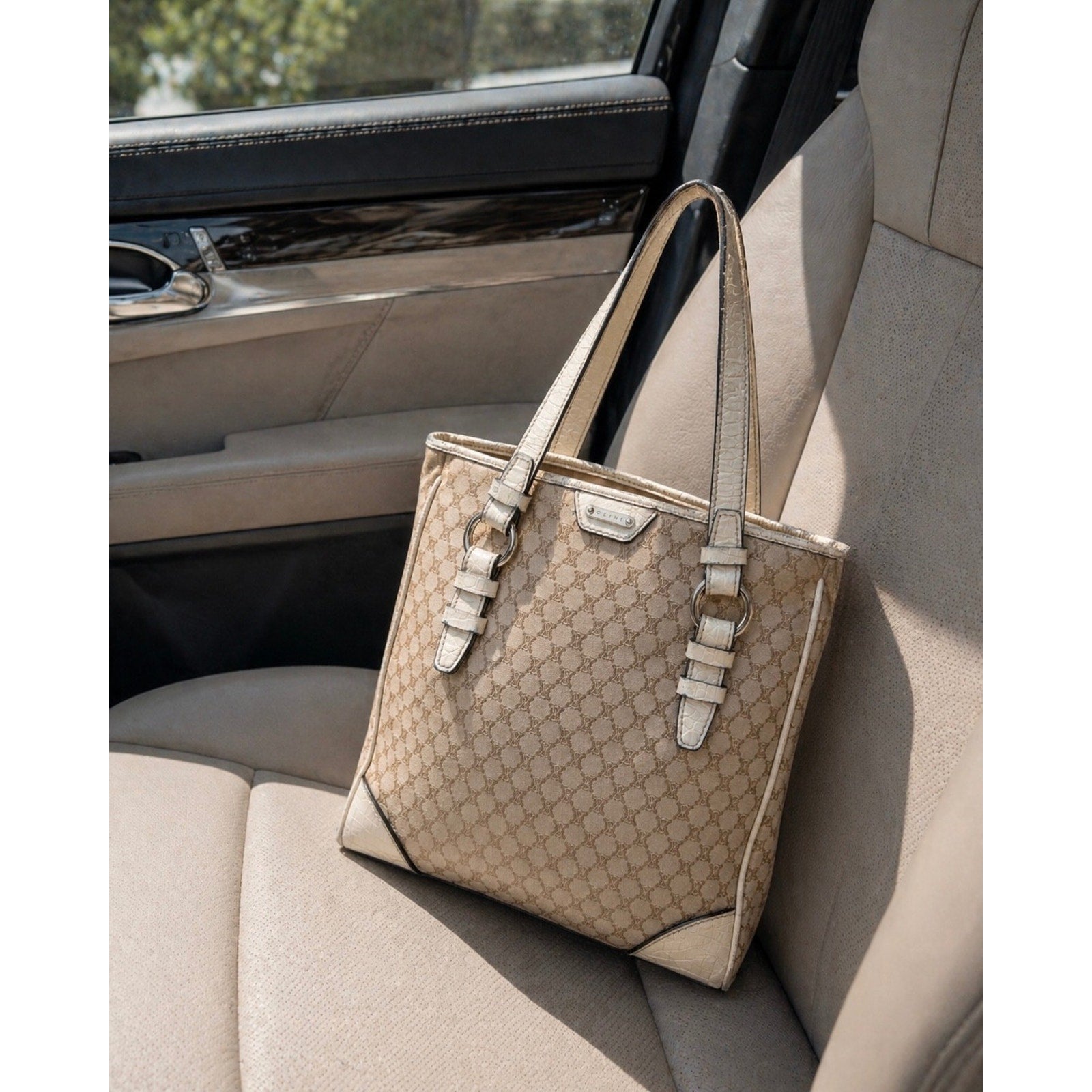 Celine Vintage Canvas Top Handle Tote Bag Brown Tan Logo Print