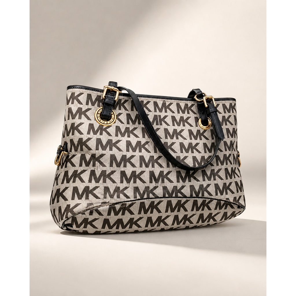 Michael Kors Jet Set MK Logo Tote Signature Canvas Black Leather Bag