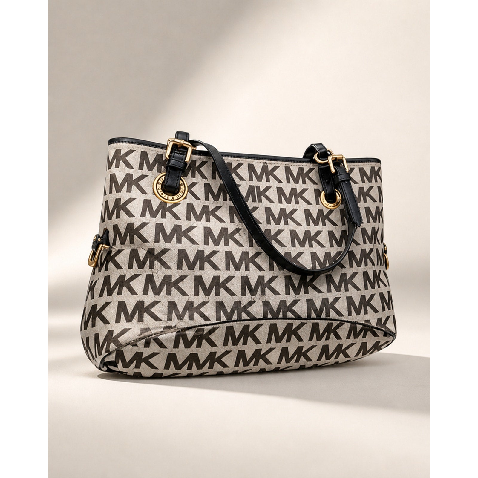 Michael Kors Jet Set MK Logo Tote Signature Canvas Black Leather Bag