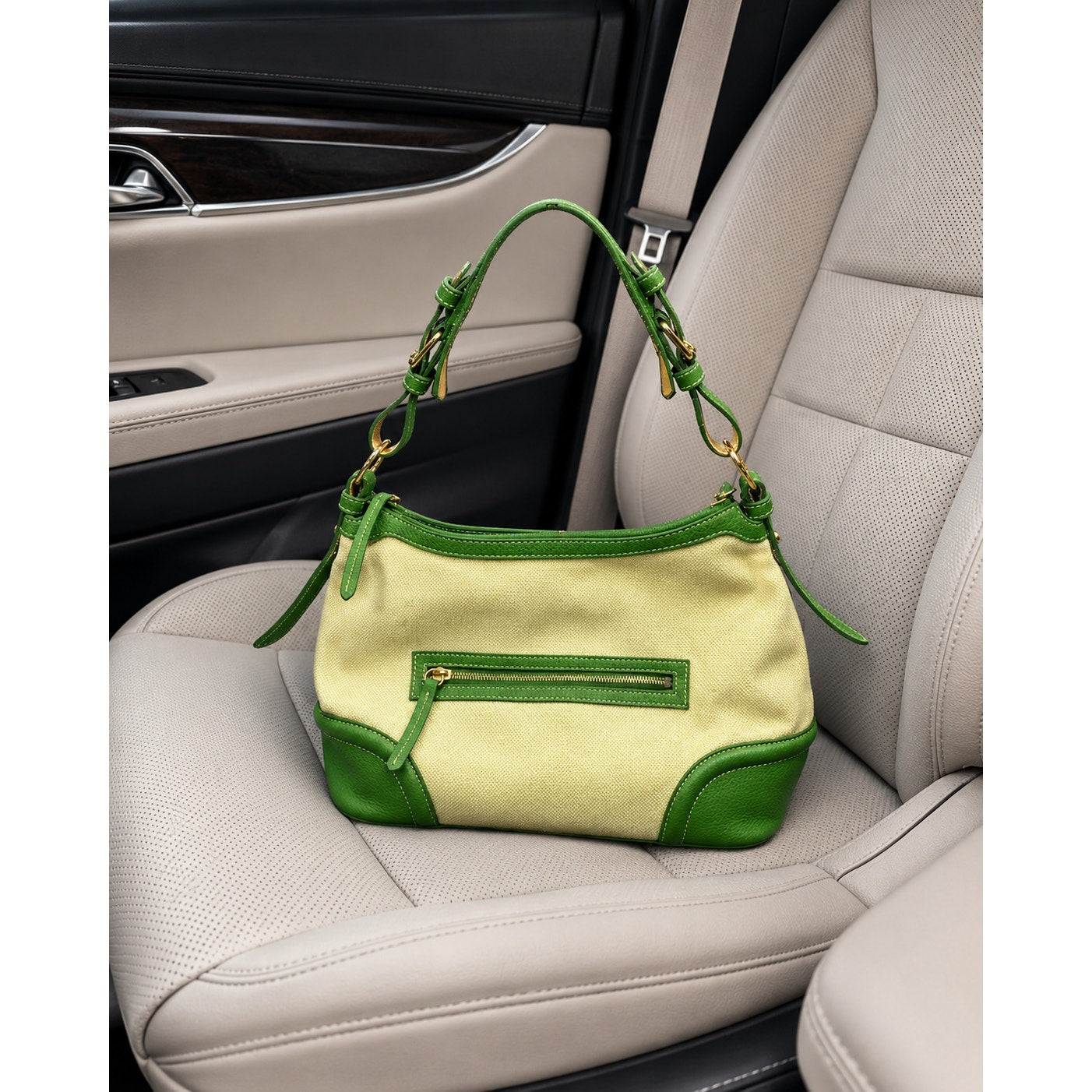 Dooney & Bourke Lucky Green Cream Canvas Leather Shoulder Bag
