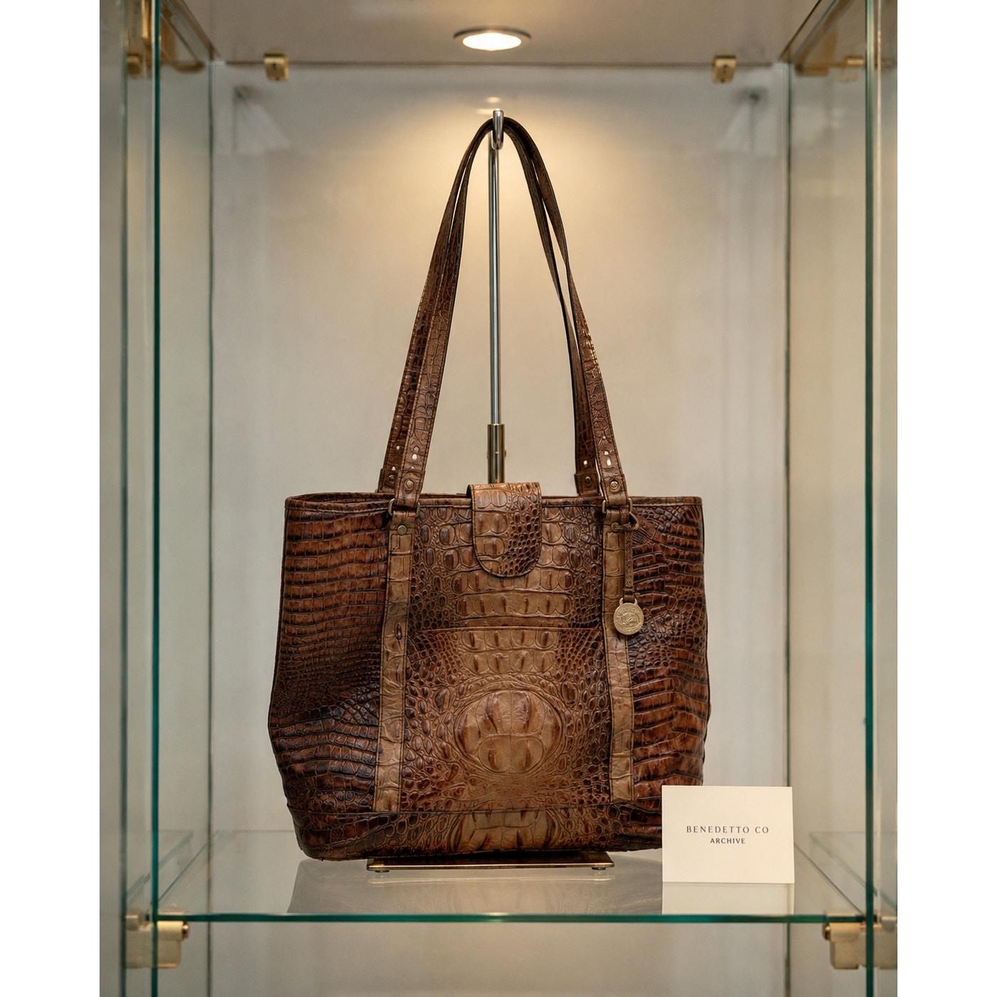 Brahmin Brown Croc Embossed Leather Large Shoulder Tote Gold Hardware