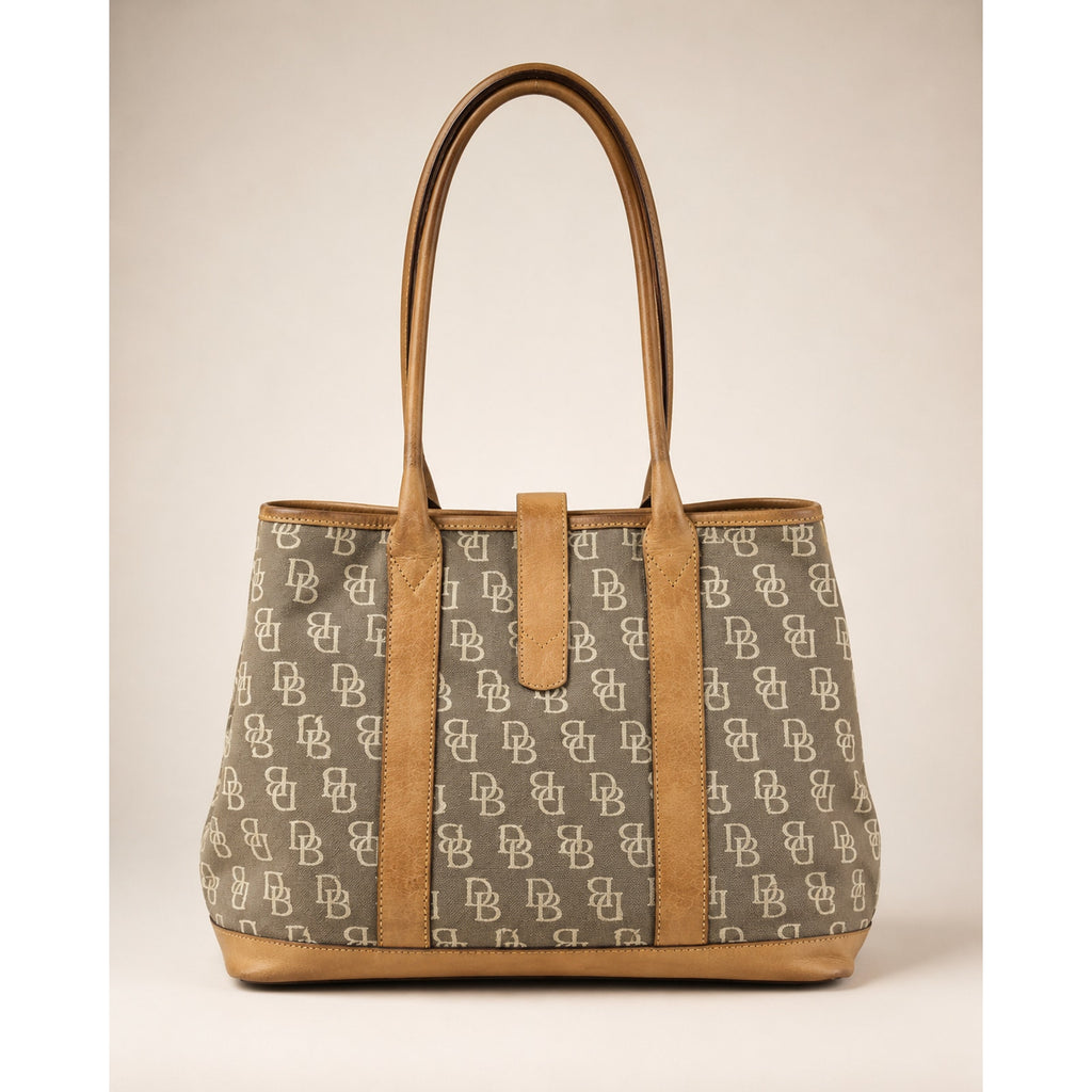 Dooney & Bourke DB Monogram Canvas Tote Bag Gray Brown Leather Trim