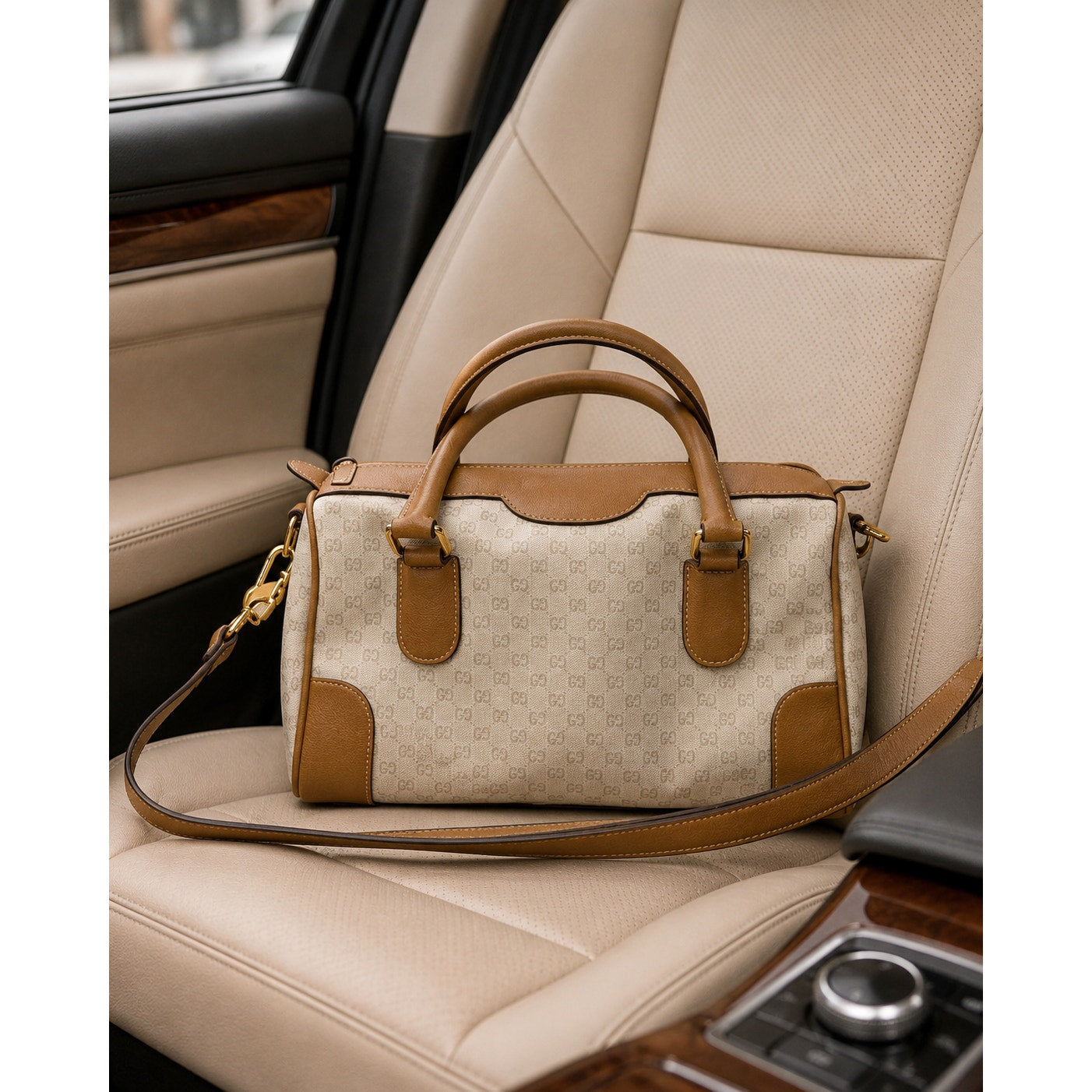 Gucci Vintage Micro GG Monogram Boston Bag Tan Leather Crossbody Authenticated