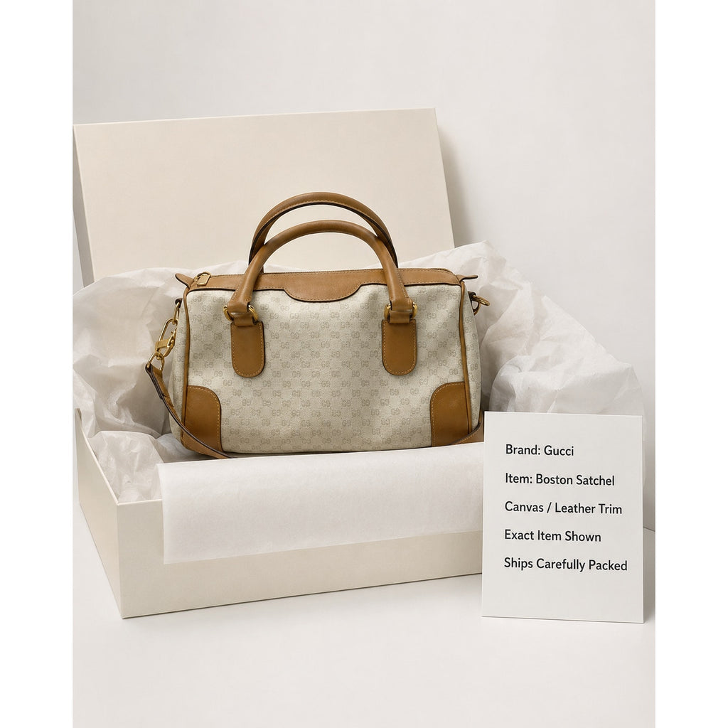 Gucci Vintage Micro GG Monogram Boston Bag Tan Leather Crossbody Authenticated