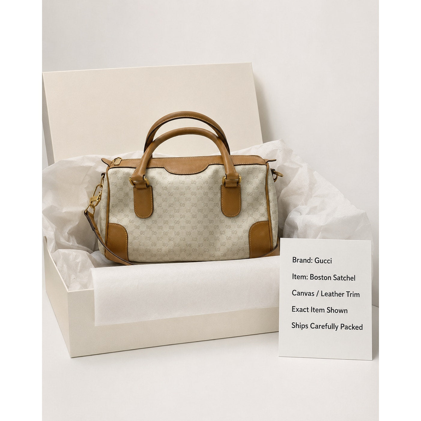 Gucci Vintage Micro GG Monogram Boston Bag Tan Leather Crossbody Authenticated