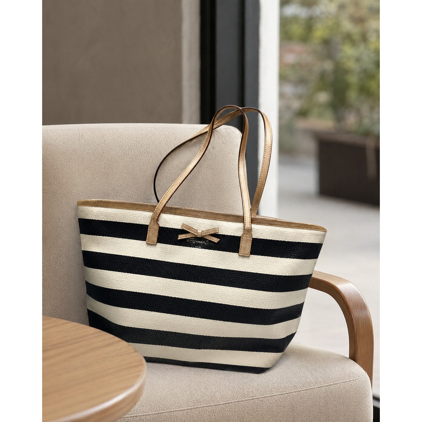 Kate Spade Black White Striped Coated Canvas Bow Tote Bag