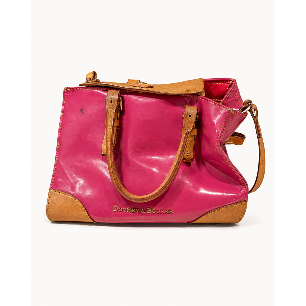 Dooney & Bourke Y2K Fuchsia Patent Leather Satchel Tote Tan Trim