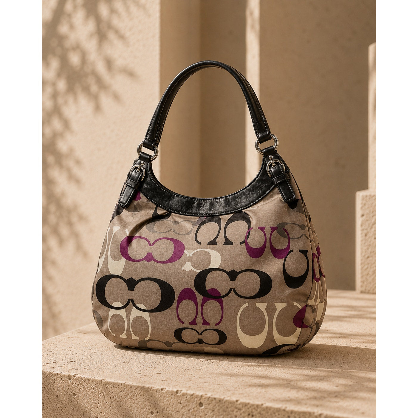 Coach Soho Optic Signature Logo Large Hobo Bag Brown Purple