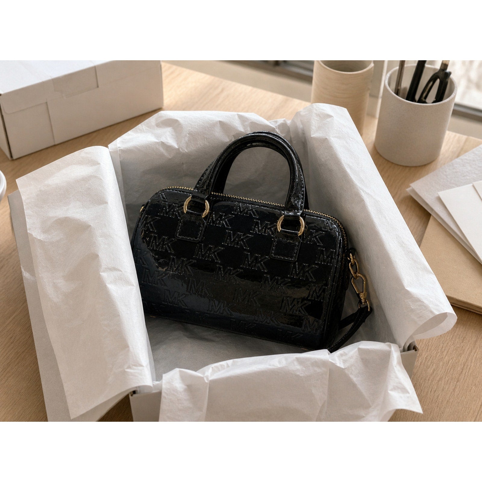 Michael Kors Mason Small Patent Leather Satchel Black Gold NWT