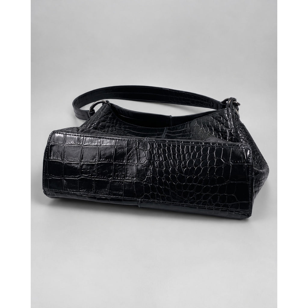Furla Large Black Croc Embossed Patent Leather Hobo Shoulder Bag