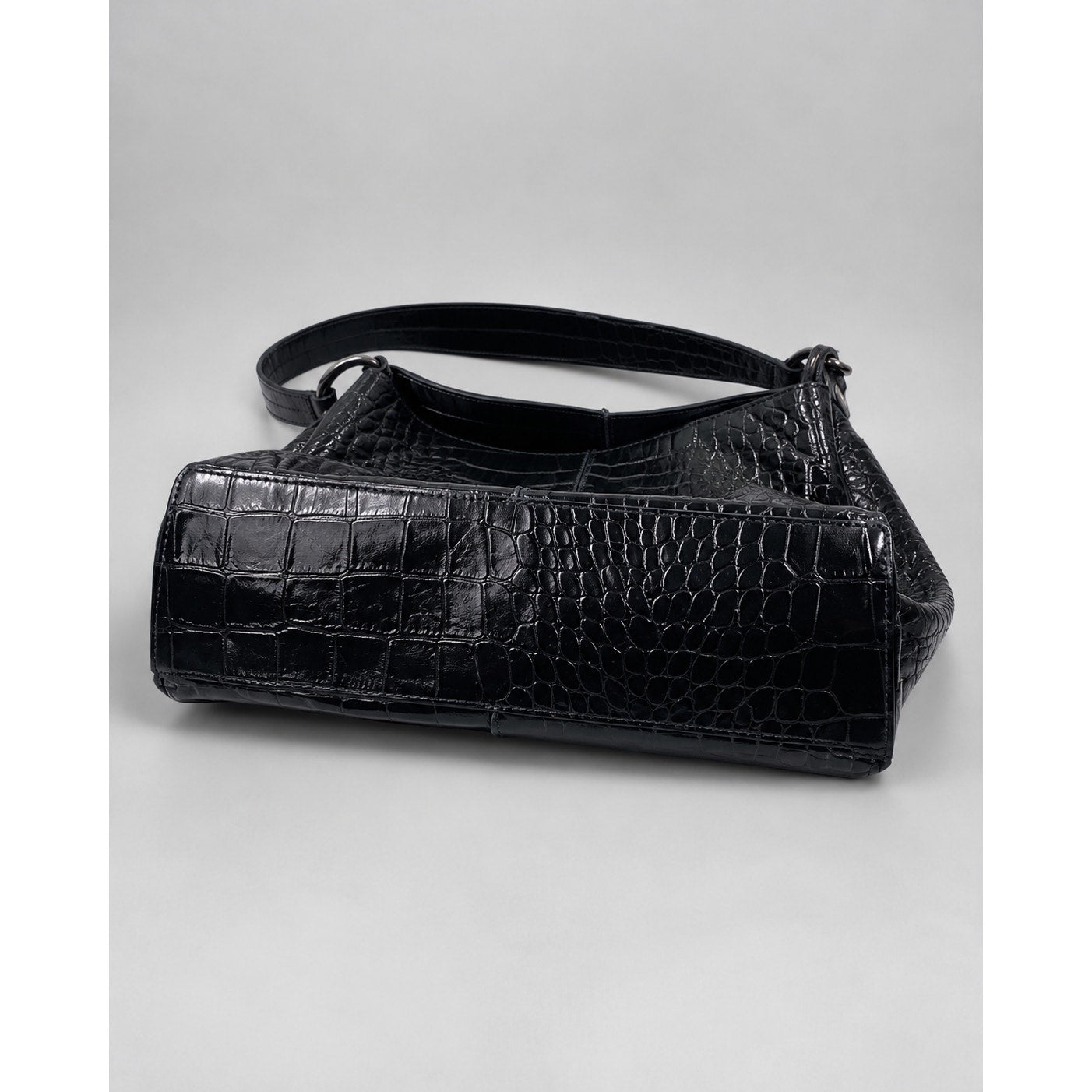 Furla Large Black Croc Embossed Patent Leather Hobo Shoulder Bag