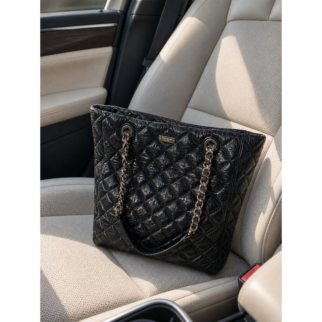 Kate Spade New York Black Quilted Leather Chain Tote Bag