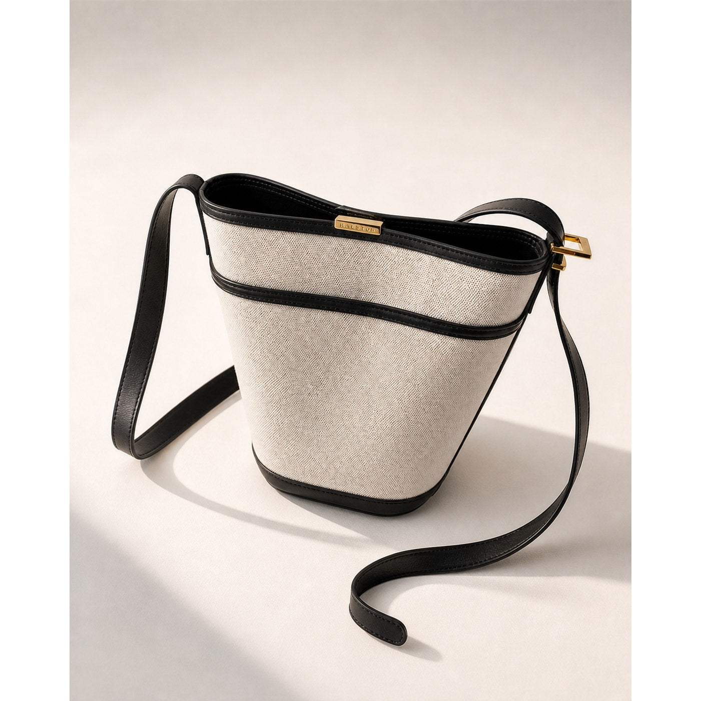 Halston Canvas Leather Trim Bucket Crossbody Bag Ivory Black Vintage