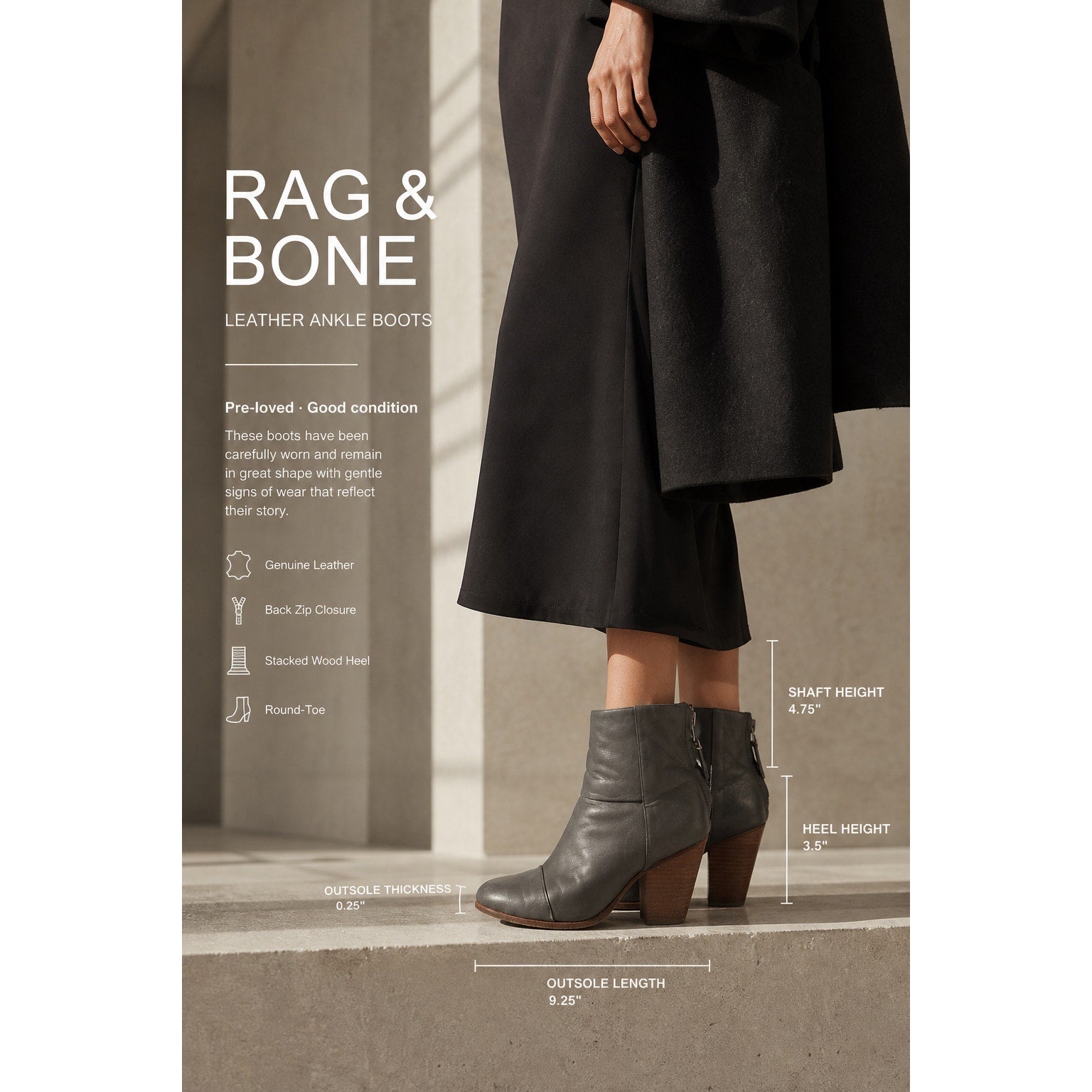 Rag & Bone Leather Ankle Boots Gray Stacked Heel Women’s Size 6