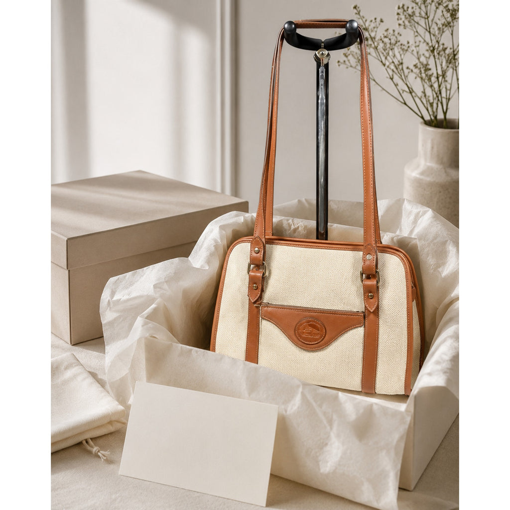 Vintage Dooney & Bourke Cream Tan Canvas Leather Shoulder Bag Made in USA
