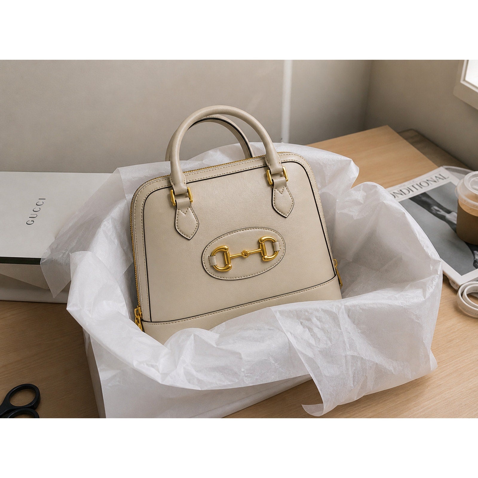 Gucci Horsebit 1955 Mini Top Handle Bag Cream Leather Gold