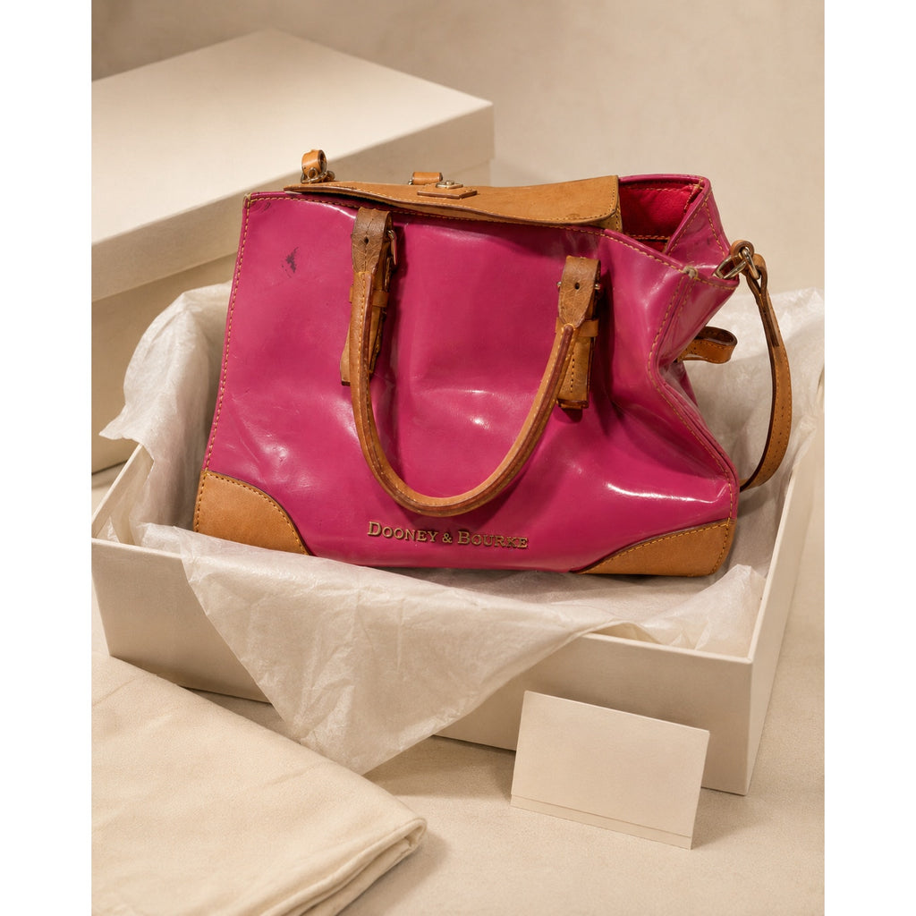 Dooney & Bourke Y2K Fuchsia Patent Leather Satchel Tote Tan Trim