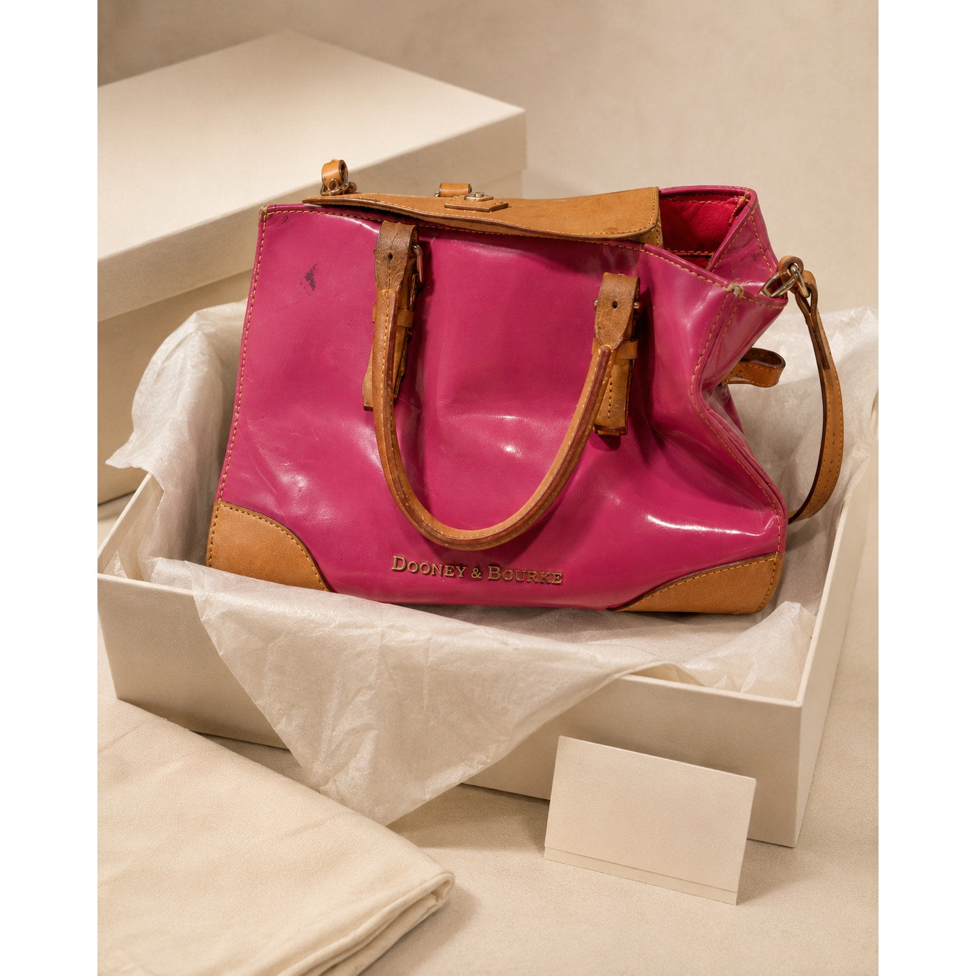 Dooney & Bourke Y2K Fuchsia Patent Leather Satchel Tote Tan Trim