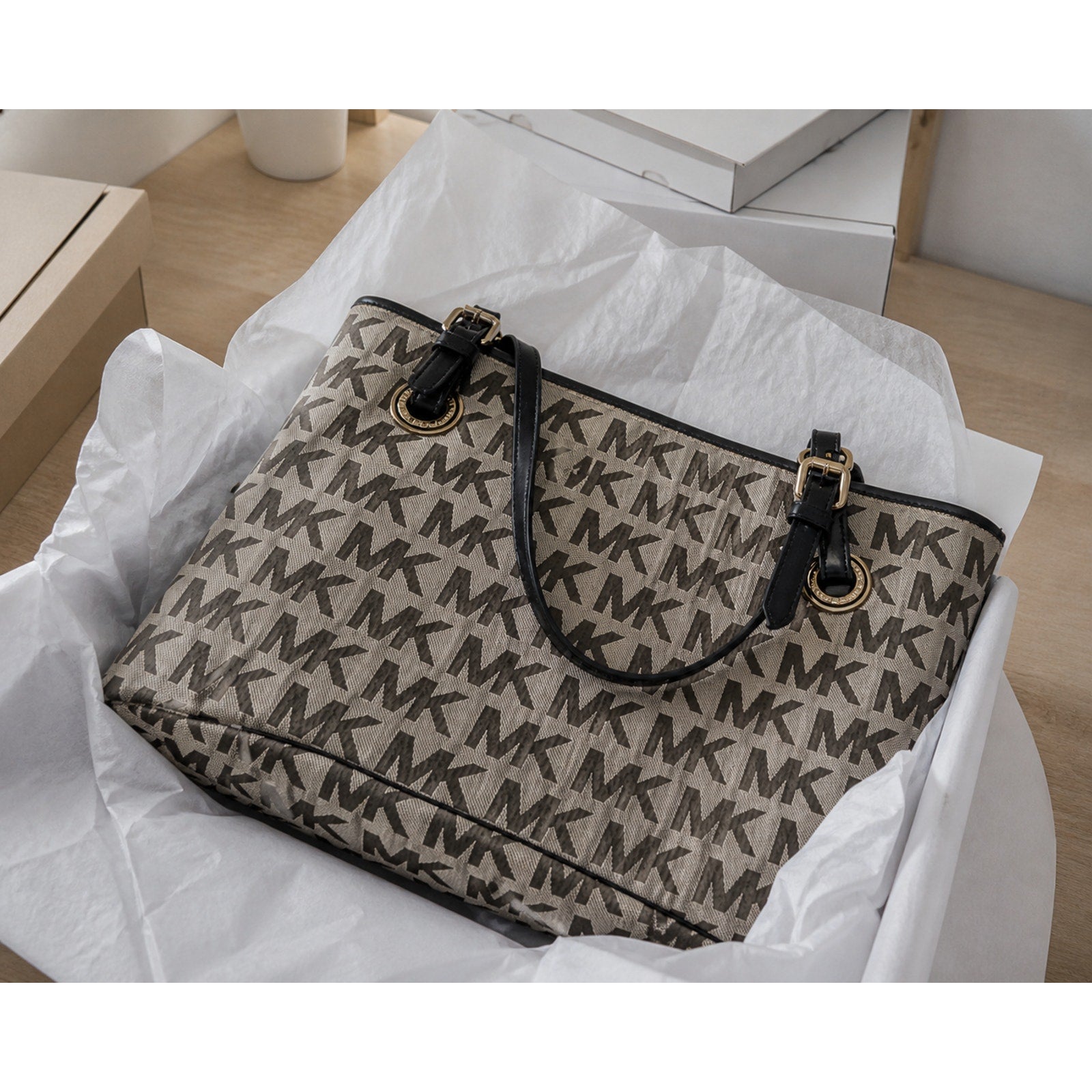 Michael Kors Jet Set MK Logo Tote Signature Canvas Black Leather Bag